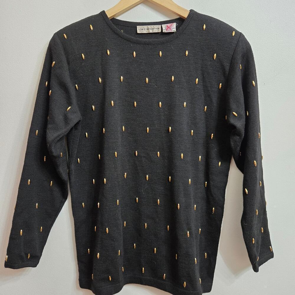 Liz Claiborne Vtg Black Wool Knit Sweater M Whimsigoth Gold Beaded Embellished